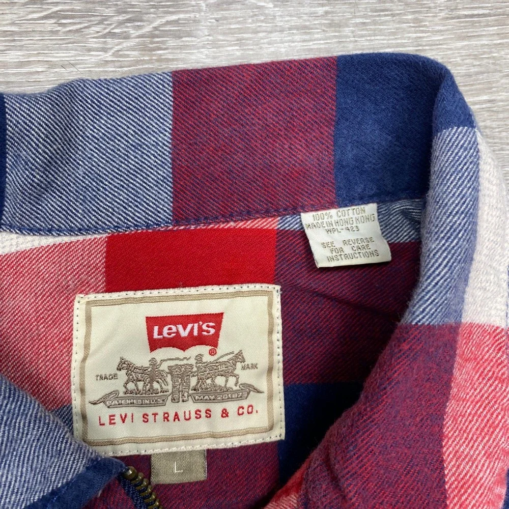 Levi's Zip Up Flannel Shirt Mens L Red Blue Plaid Cotton Long Sleeve Button